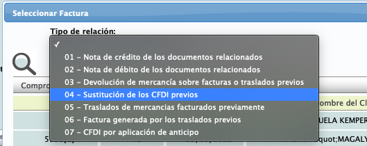 Opciones de tipo de relacion en cuadro de dialogo de Seleccionar Factura